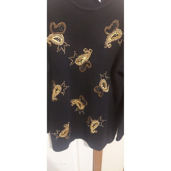 Evan Picone VTG Sweater Black Gold Beaded Lambs Wool Angora Rabbit Hair Jumper M - Picture 3 of 5